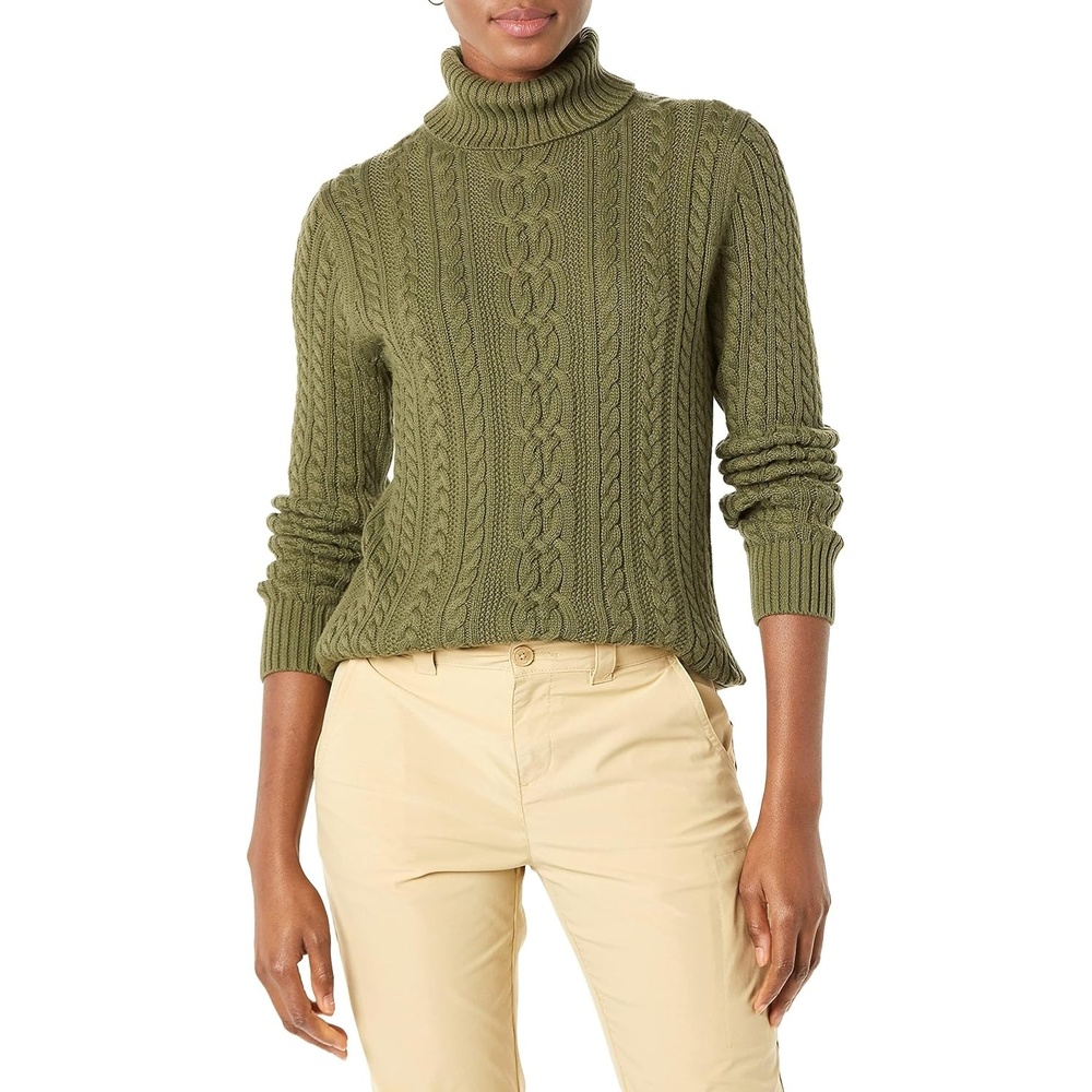 image:imageAmazon Essentials Womens Long Sleeve Fisherman Cable Knit Turtleneck Sweater Available in Plus SizeOlive
