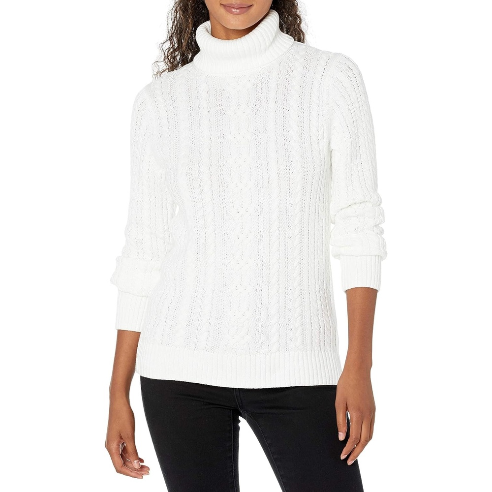 image:imageAmazon Essentials Womens Long Sleeve Fisherman Cable Knit Turtleneck Sweater Available in Plus SizeWhite