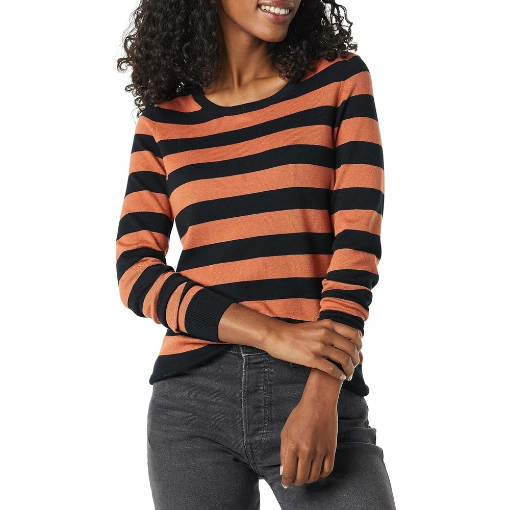 image:imageAmazon Essentials Womens LongSleeve Lightweight Crewneck Sweater Flattering Available in Plus SizeBlack Caramel Rugby Stripe