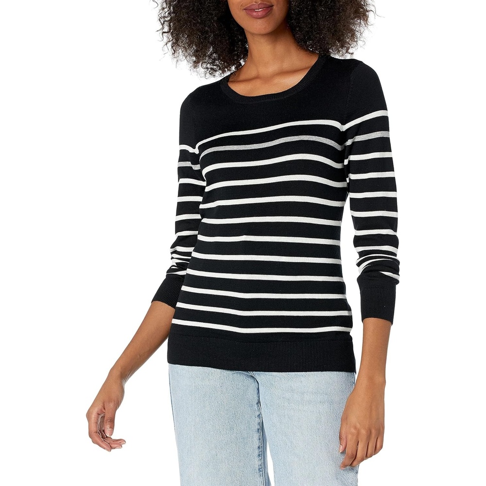 image:imageAmazon Essentials Womens LongSleeve Lightweight Crewneck Sweater Flattering Available in Plus SizeBlack Grey White Stripe