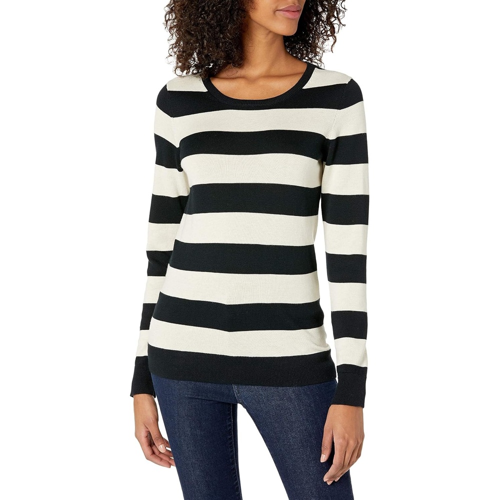 image:imageAmazon Essentials Womens LongSleeve Lightweight Crewneck Sweater Flattering Available in Plus SizeBlack Oatmeal Heather Rugby Stripe