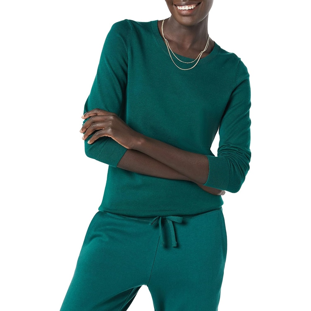 image:imageAmazon Essentials Womens LongSleeve Lightweight Crewneck Sweater Flattering Available in Plus SizeDark Green