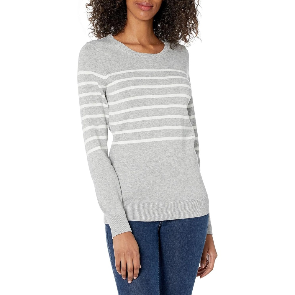 image:imageAmazon Essentials Womens LongSleeve Lightweight Crewneck Sweater Flattering Available in Plus SizeLight Grey Heather White Placed Stripe