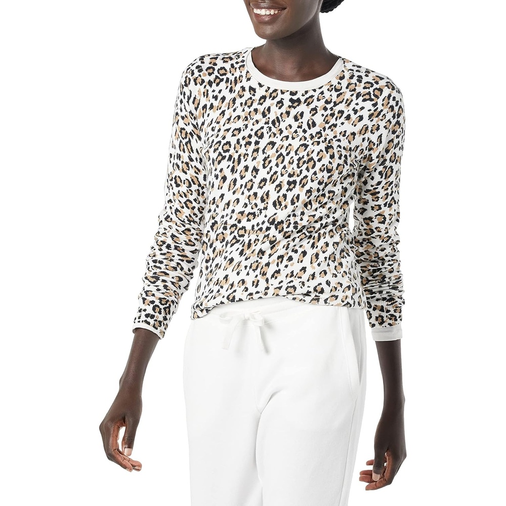 image:imageAmazon Essentials Womens LongSleeve Lightweight Crewneck Sweater Flattering Available in Plus SizeWhite Cheetah Print