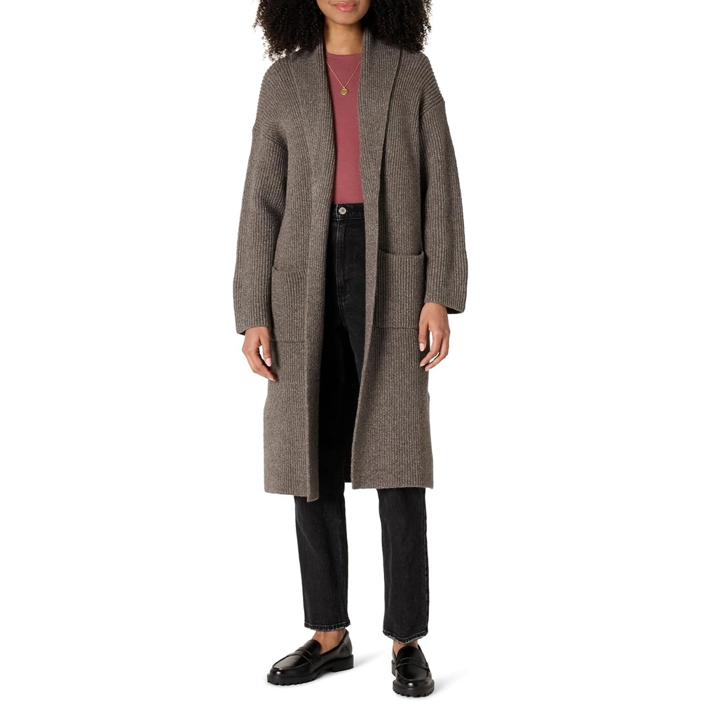 image:imageAmazon Essentials Womens OversizedFit Cotton Blend Heavyweight Texture Stitch Long Cardigan Sweater with PocketsBrown Heather