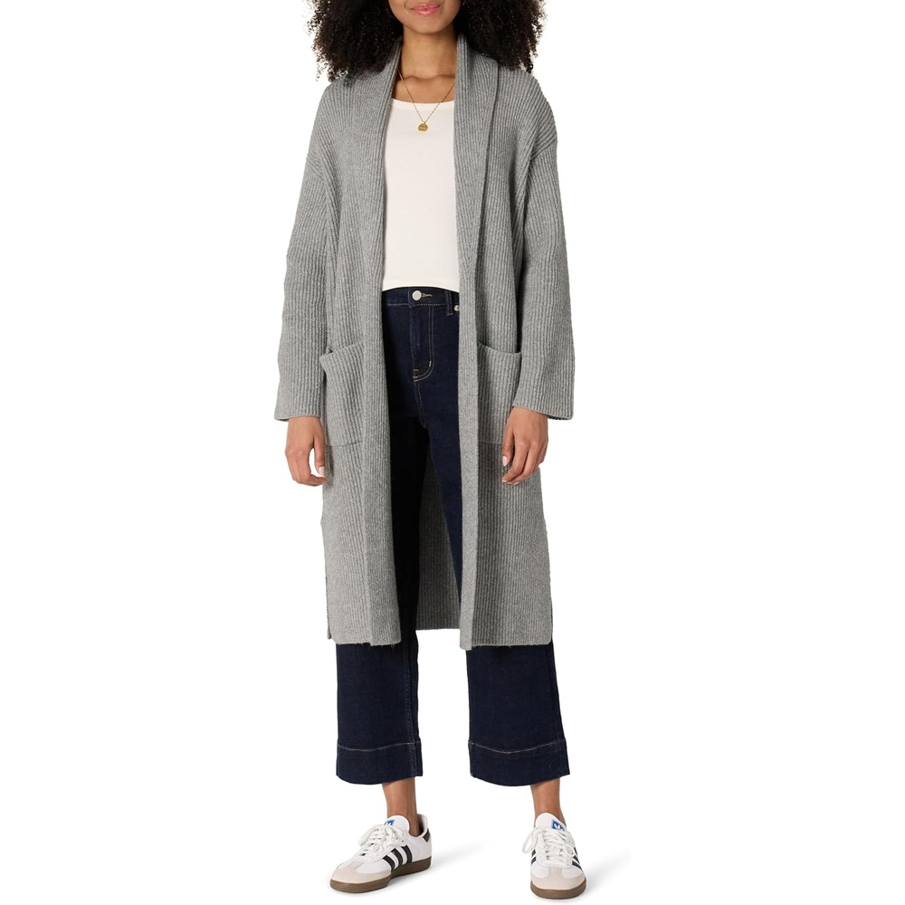 image:imageAmazon Essentials Womens OversizedFit Cotton Blend Heavyweight Texture Stitch Long Cardigan Sweater with PocketsMedium Grey Heather