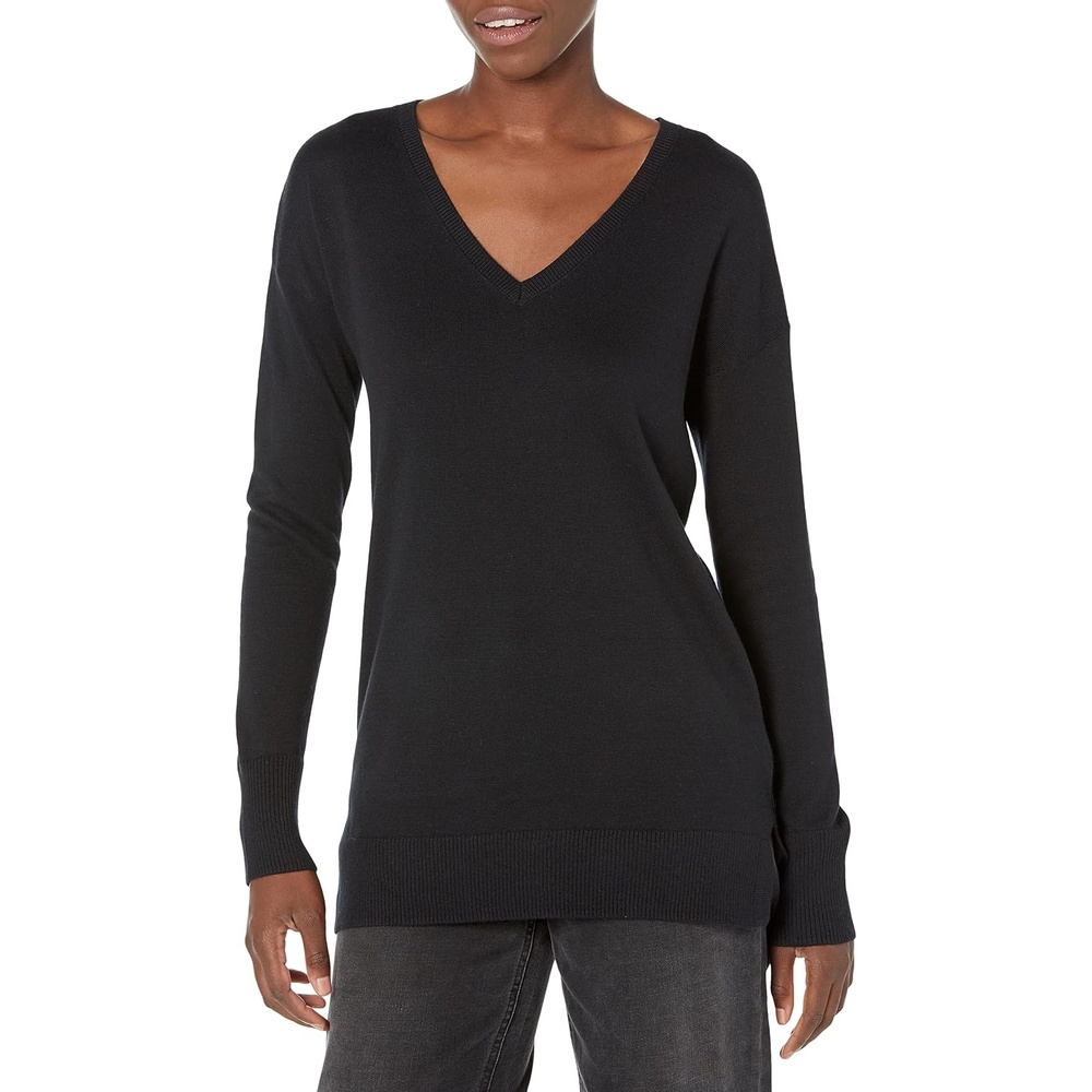 image:imageAmazon Essentials Womens Regular Fit Lightweight VNeck Tunic Sweater Long SleeveBlack