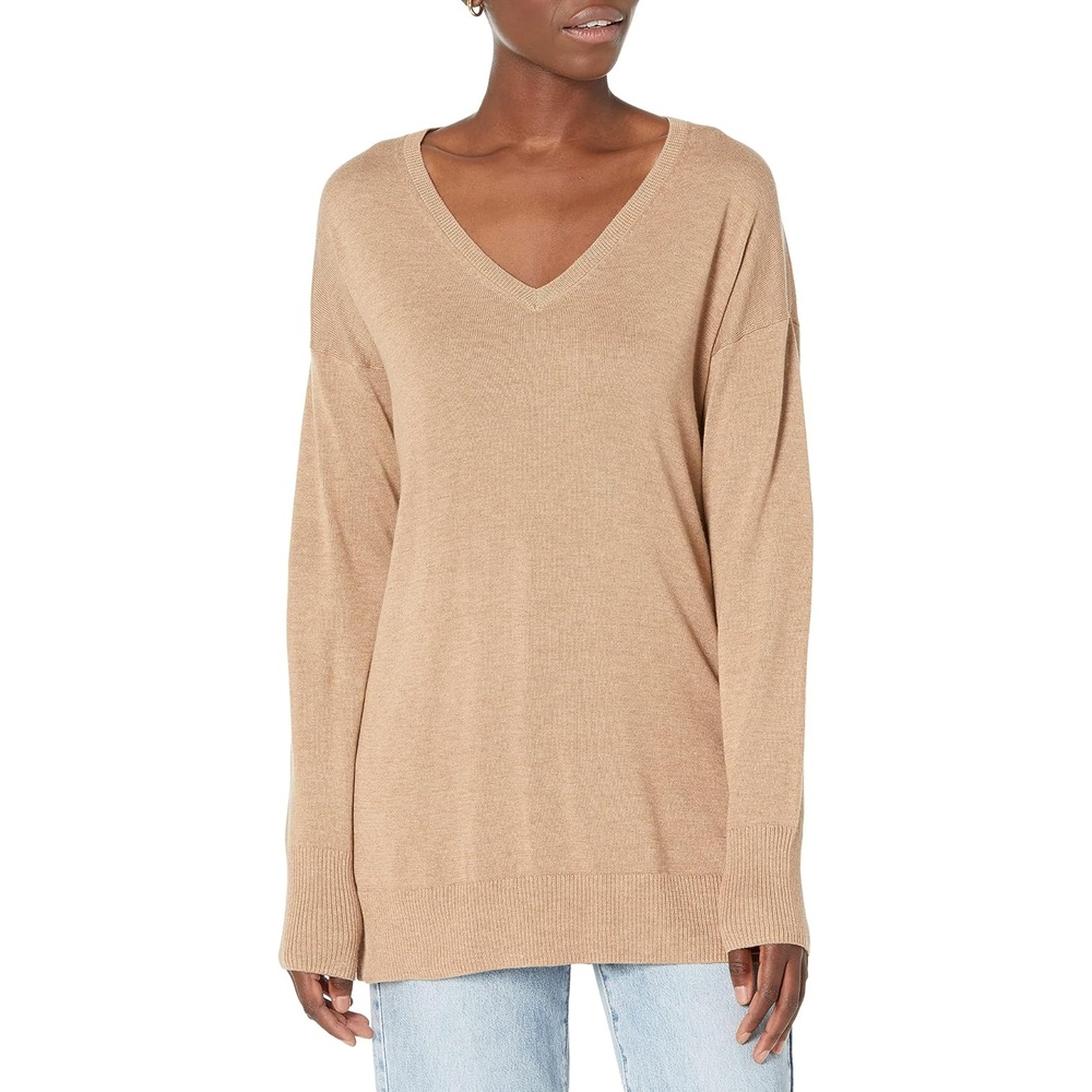 image:imageAmazon Essentials Womens Regular Fit Lightweight VNeck Tunic Sweater Long SleeveCamel Heather