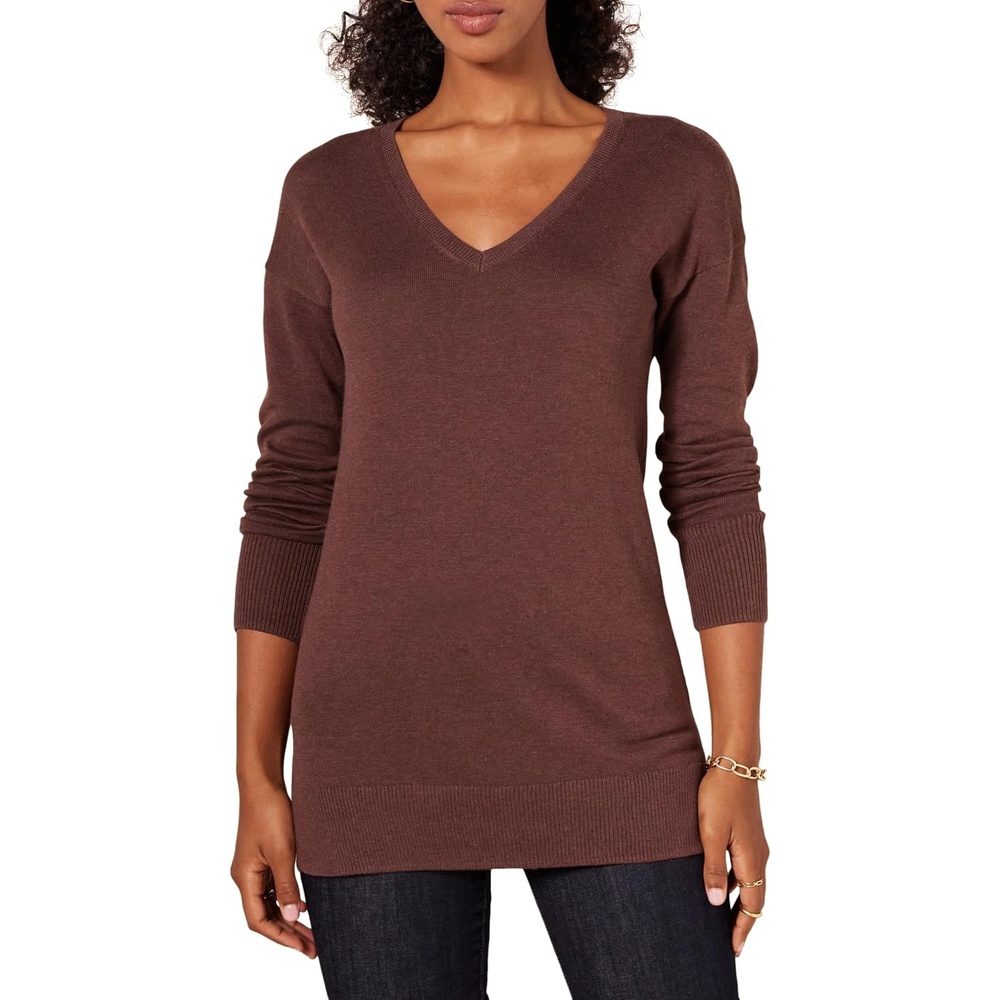 image:imageAmazon Essentials Womens Regular Fit Lightweight VNeck Tunic Sweater Long SleeveDark Chestnut Brown Heather