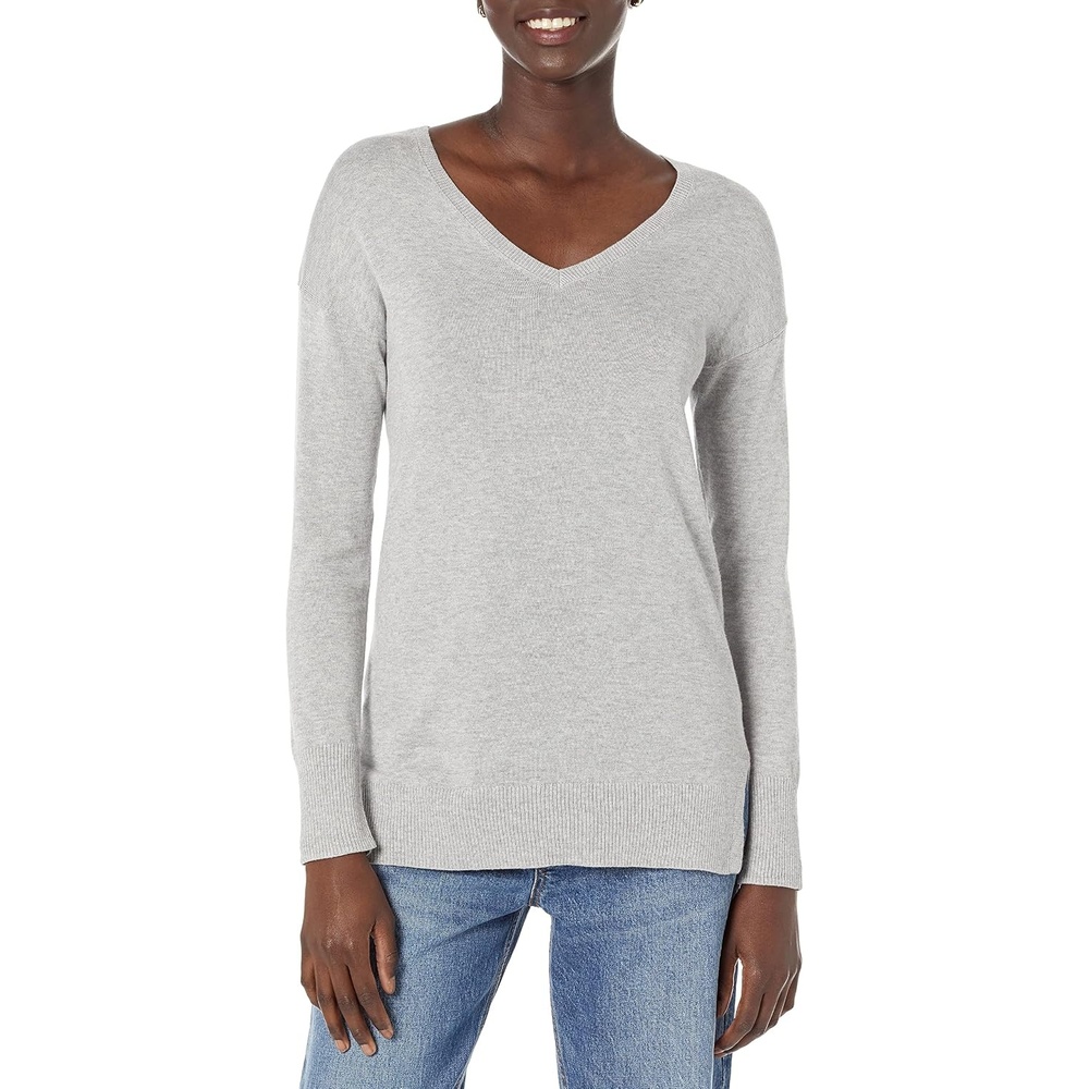image:imageAmazon Essentials Womens Regular Fit Lightweight VNeck Tunic Sweater Long SleeveLight Grey Heather