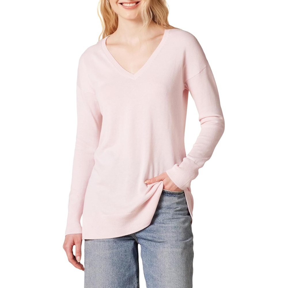 image:imageAmazon Essentials Womens Regular Fit Lightweight VNeck Tunic Sweater Long SleeveLight Pink