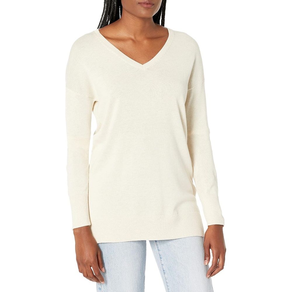 image:imageAmazon Essentials Womens Regular Fit Lightweight VNeck Tunic Sweater Long SleeveOatmeal Heather