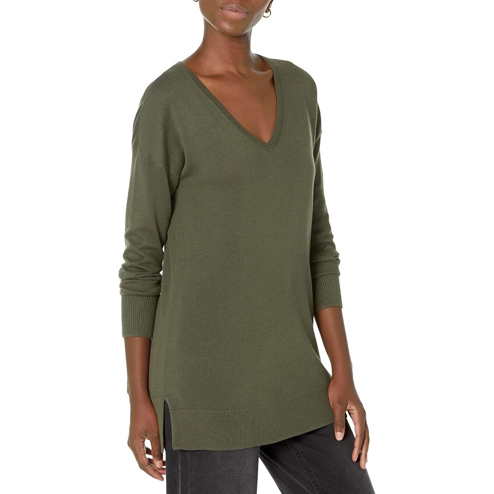 image:imageAmazon Essentials Womens Regular Fit Lightweight VNeck Tunic Sweater Long SleeveOlive