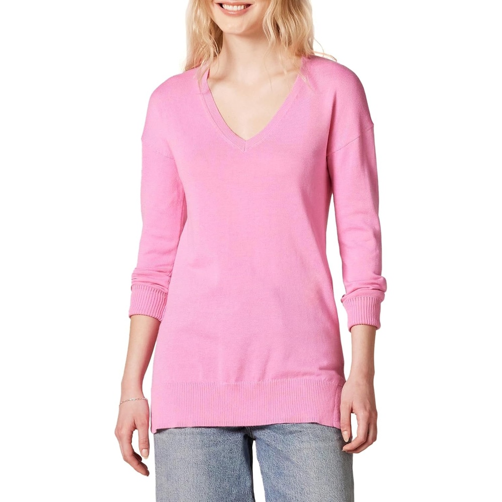 image:imageAmazon Essentials Womens Regular Fit Lightweight VNeck Tunic Sweater Long SleevePink