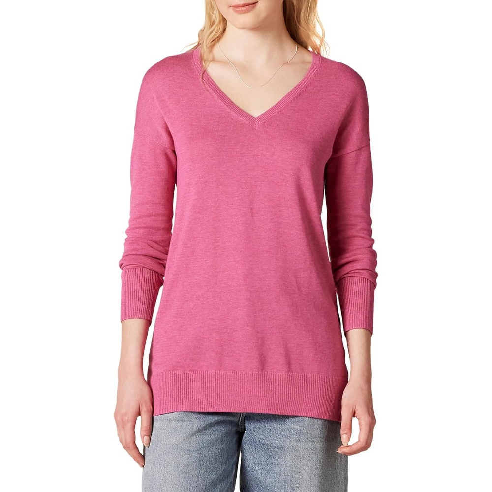 image:imageAmazon Essentials Womens Regular Fit Lightweight VNeck Tunic Sweater Long SleevePink Heather