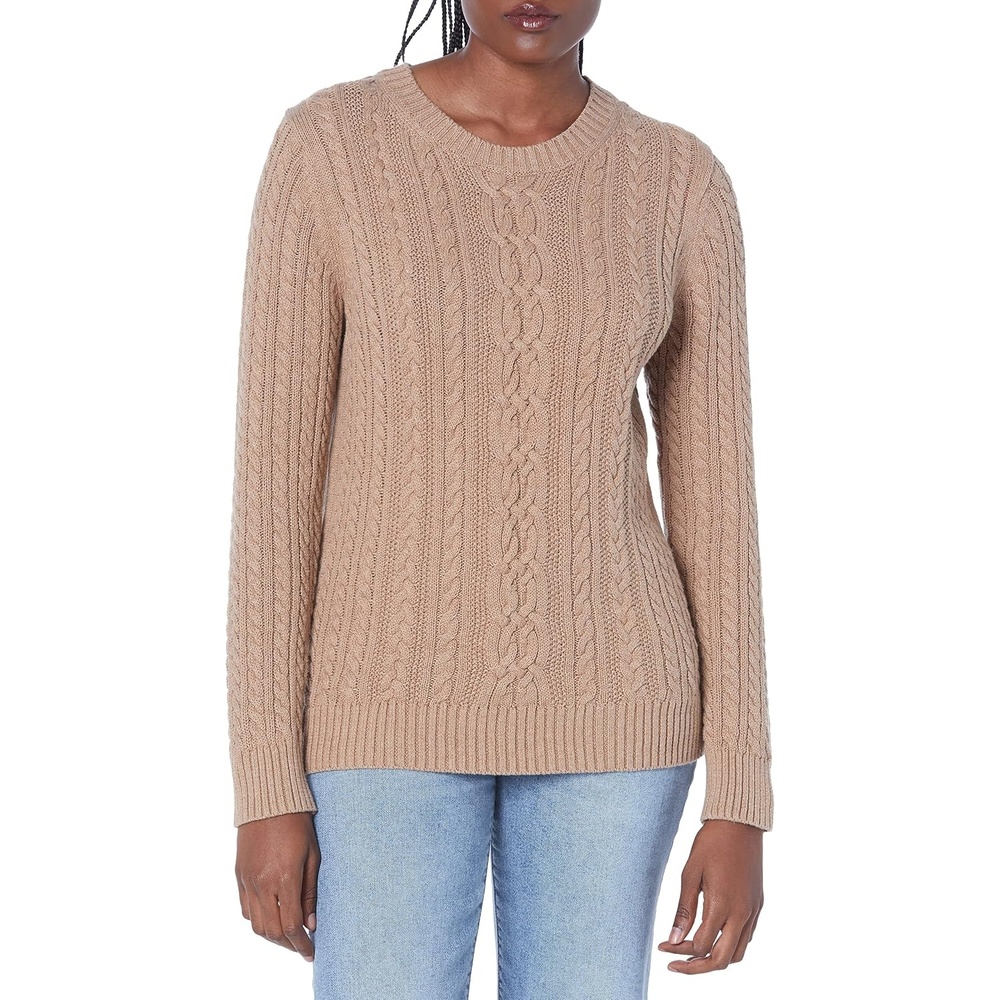 image:imageAmazon Essentials Womens Regular Fit Soft Cotton Cable Knit Ribbed Crewneck Sweater Available in Plus SizeCamel Heather
