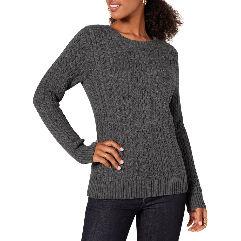 image:imageAmazon Essentials Womens Regular Fit Soft Cotton Cable Knit Ribbed Crewneck Sweater Available in Plus SizeCharcoal Heather