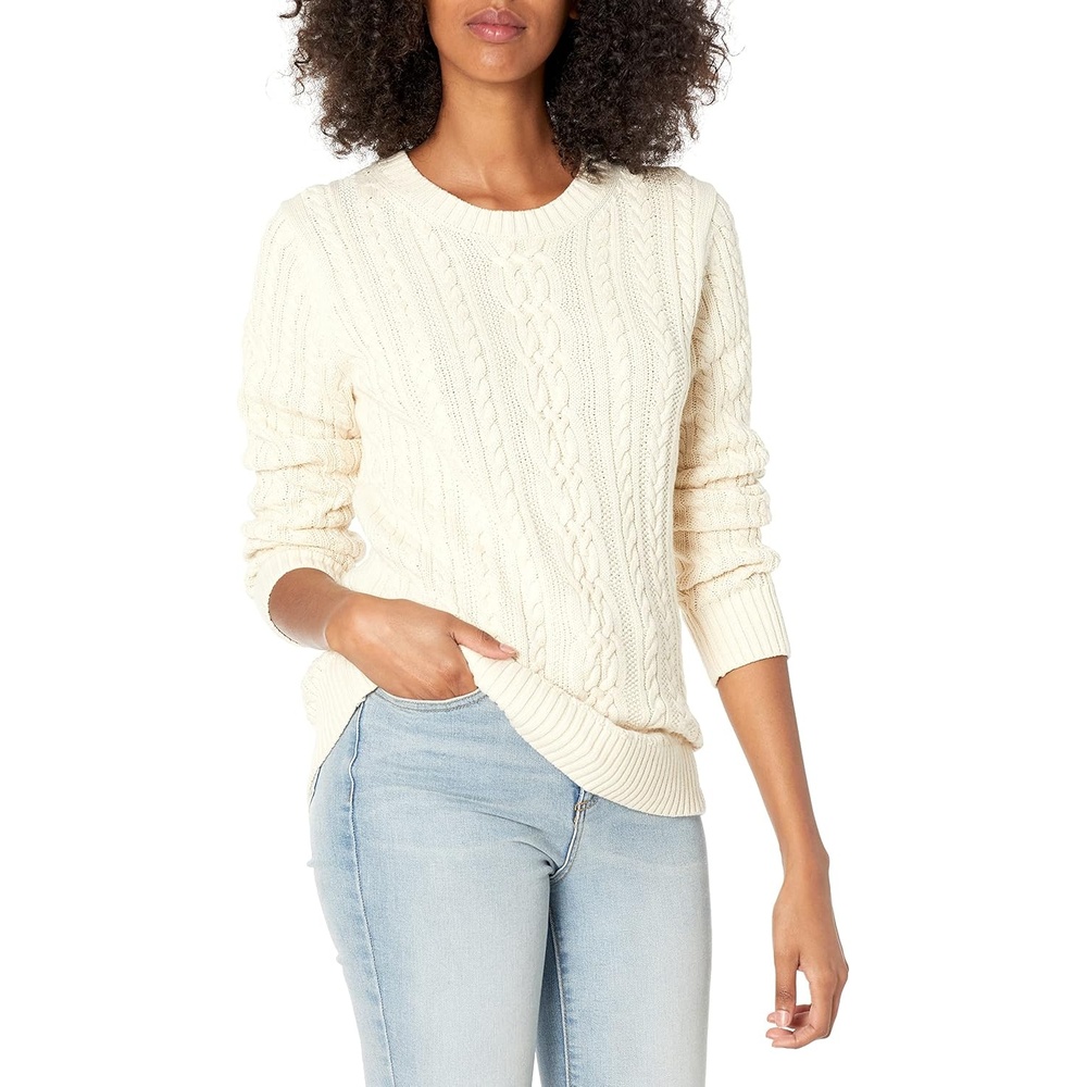 image:imageAmazon Essentials Womens Regular Fit Soft Cotton Cable Knit Ribbed Crewneck Sweater Available in Plus SizeCream