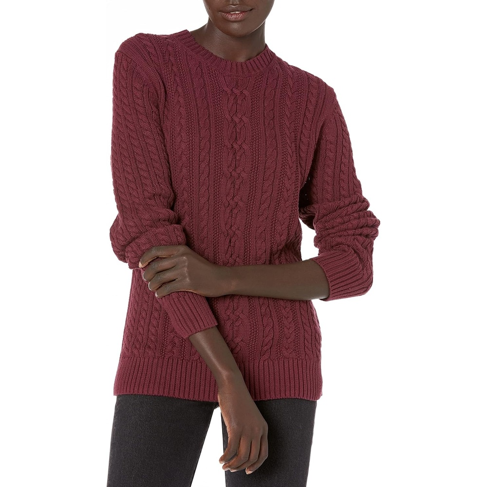 image:imageAmazon Essentials Womens Regular Fit Soft Cotton Cable Knit Ribbed Crewneck Sweater Available in Plus SizeDark Burgundy