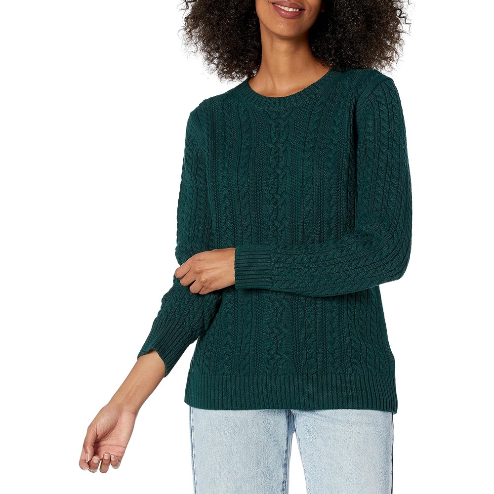 image:imageAmazon Essentials Womens Regular Fit Soft Cotton Cable Knit Ribbed Crewneck Sweater Available in Plus SizeDeep Pine