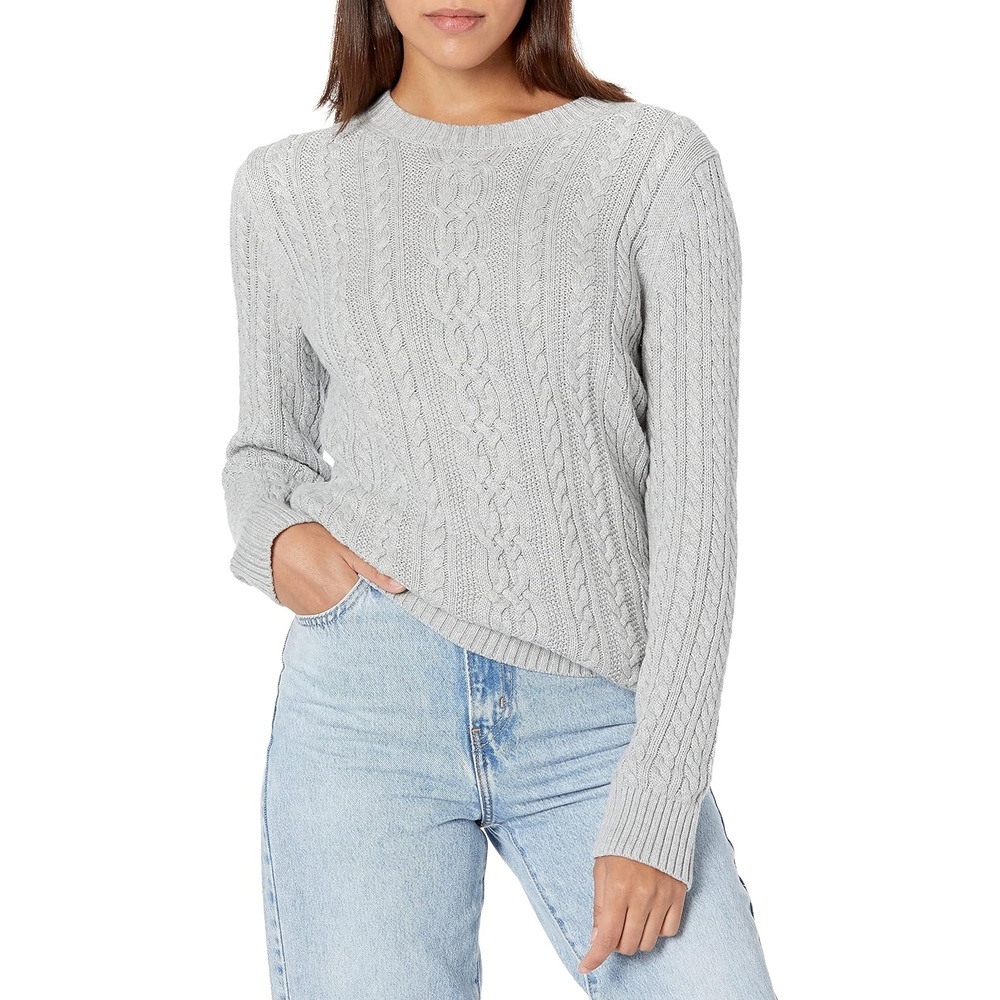image:imageAmazon Essentials Womens Regular Fit Soft Cotton Cable Knit Ribbed Crewneck Sweater Available in Plus SizeLight Grey Heather