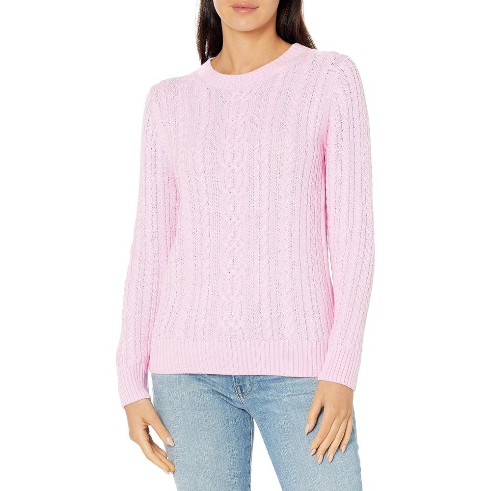 image:imageAmazon Essentials Womens Regular Fit Soft Cotton Cable Knit Ribbed Crewneck Sweater Available in Plus SizeLight Pink