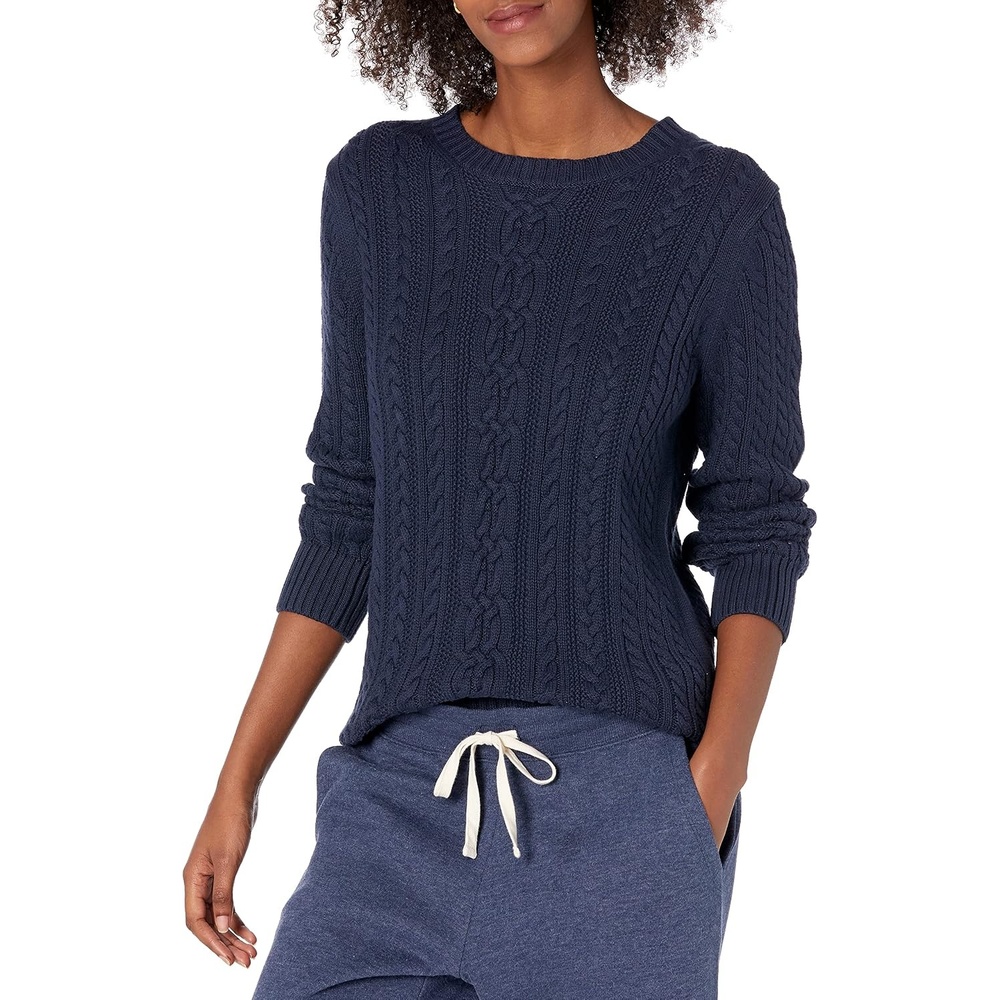 image:imageAmazon Essentials Womens Regular Fit Soft Cotton Cable Knit Ribbed Crewneck Sweater Available in Plus SizeNavy