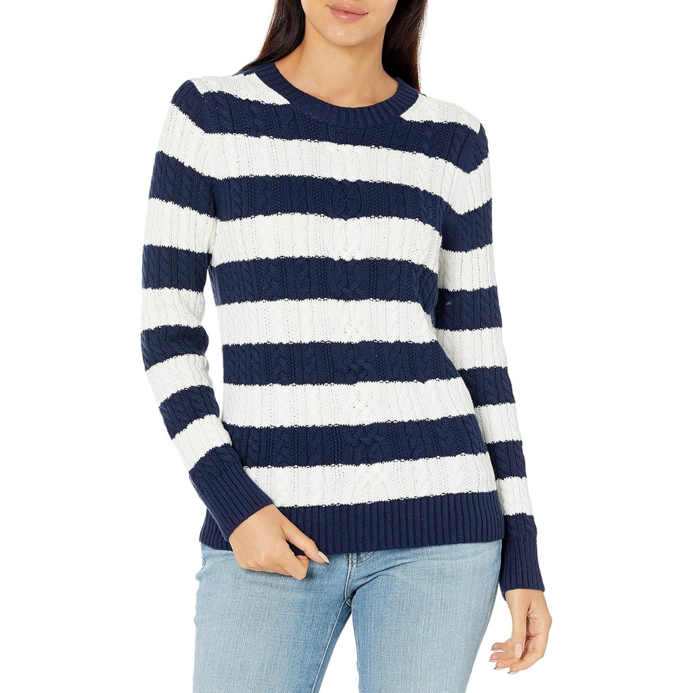 image:imageAmazon Essentials Womens Regular Fit Soft Cotton Cable Knit Ribbed Crewneck Sweater Available in Plus SizeNavyWhite Stripe
