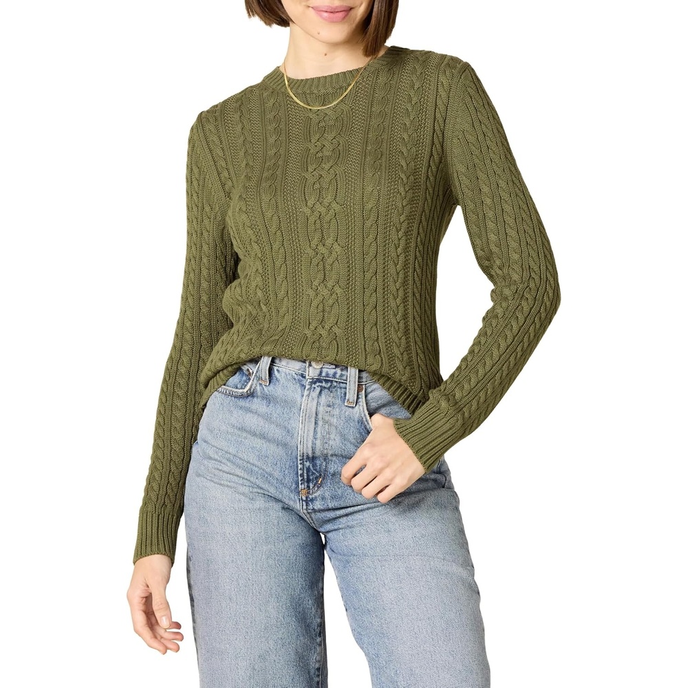 image:imageAmazon Essentials Womens Regular Fit Soft Cotton Cable Knit Ribbed Crewneck Sweater Available in Plus SizeOlive
