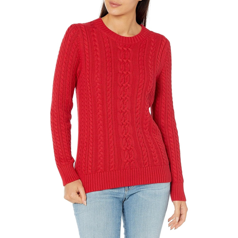 image:imageAmazon Essentials Womens Regular Fit Soft Cotton Cable Knit Ribbed Crewneck Sweater Available in Plus SizeRed