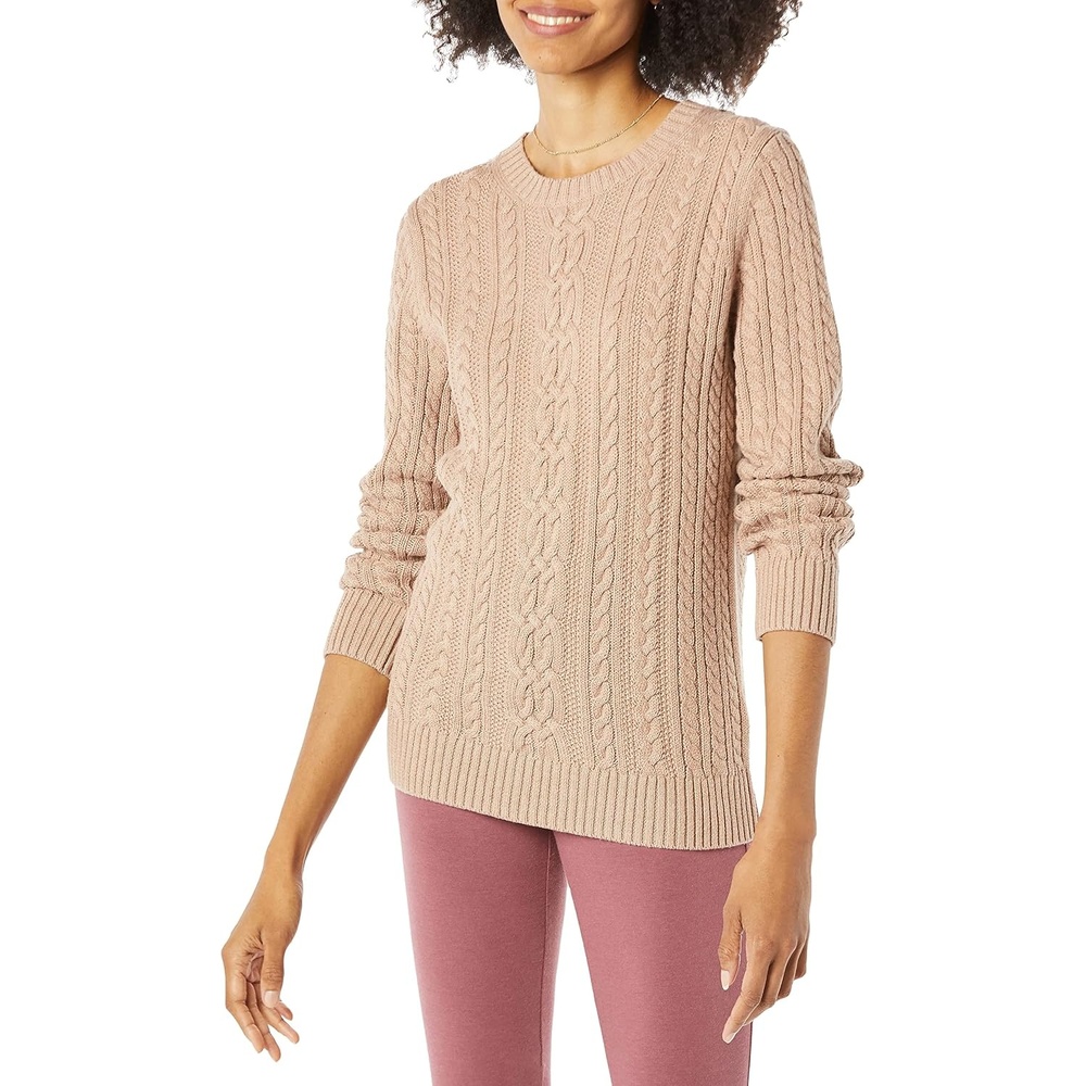 image:imageAmazon Essentials Womens Regular Fit Soft Cotton Cable Knit Ribbed Crewneck Sweater Available in Plus SizeTaupe Heather