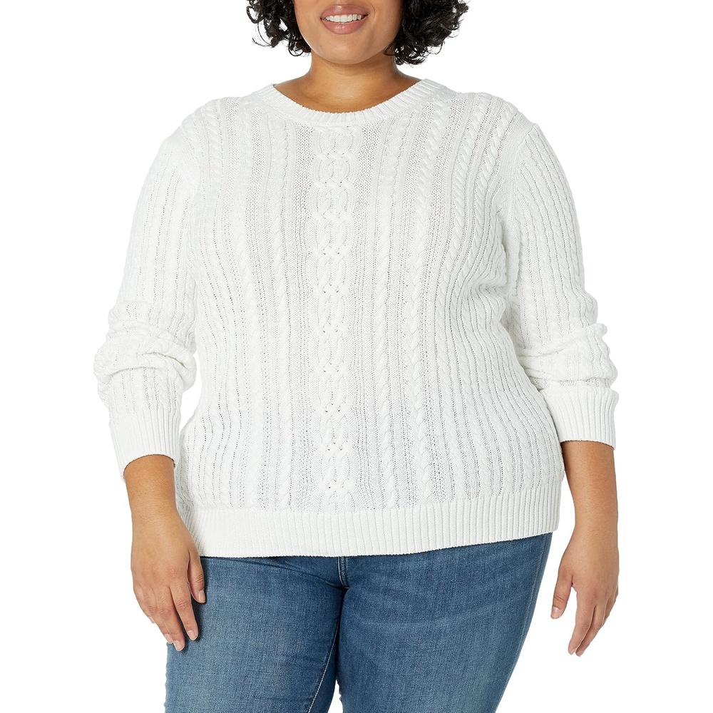 image:imageAmazon Essentials Womens Regular Fit Soft Cotton Cable Knit Ribbed Crewneck Sweater Available in Plus SizeWhite