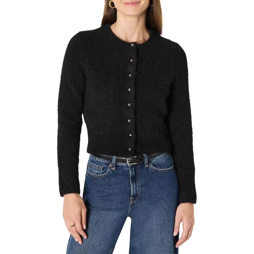 image:imageAmazon Essentials Womens RegularFit Faux Mohair Wool Blend Sweater Cardigan with Gold Buttons High Round NecklineBlack