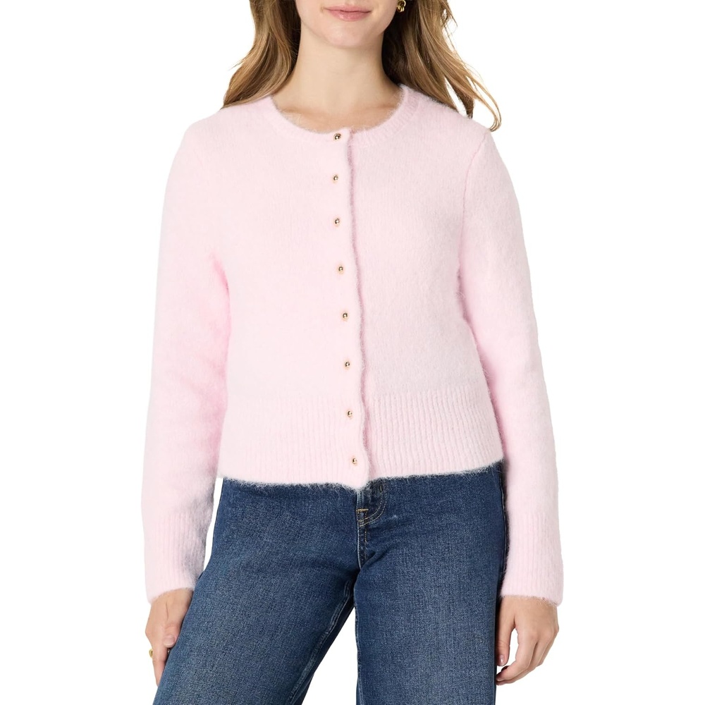 image:imageAmazon Essentials Womens RegularFit Faux Mohair Wool Blend Sweater Cardigan with Gold Buttons High Round NecklinePastel Lilac