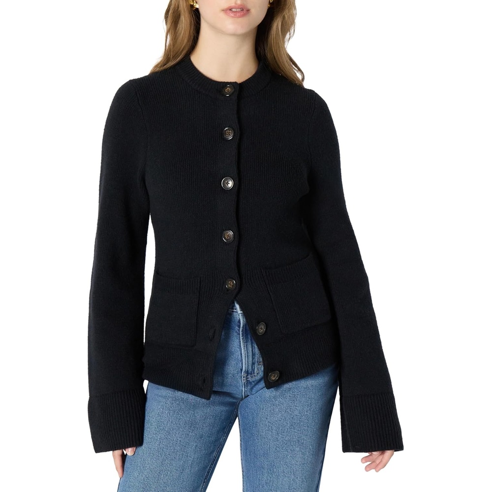 image:imageAmazon Essentials Womens RegularFit LongSleeve Cardigan with Bell Sleeves and Shaped WaistBlack