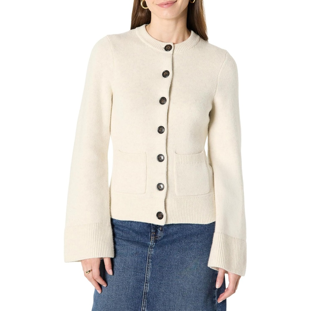 image:imageAmazon Essentials Womens RegularFit LongSleeve Cardigan with Bell Sleeves and Shaped WaistOatmeal Heather