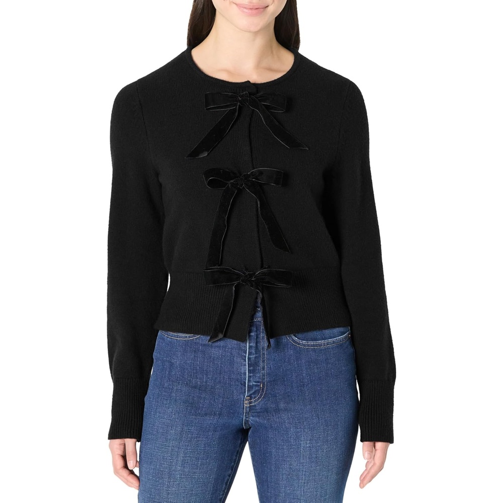 image:imageAmazon Essentials Womens RegularFit LongSleeve Tie Front Cardigan with Bows Blouson Sleeve Rib CuffBlack