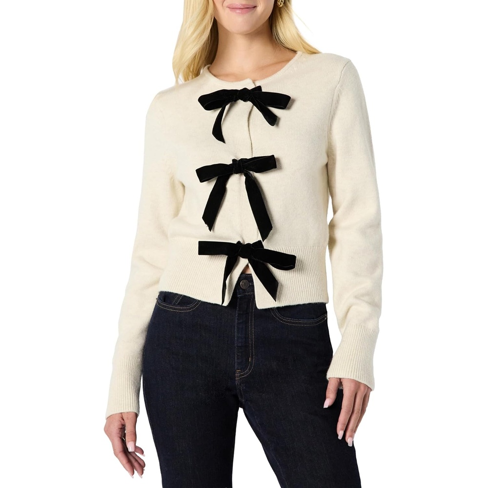 image:imageAmazon Essentials Womens RegularFit LongSleeve Tie Front Cardigan with Bows Blouson Sleeve Rib CuffOatmeal Heather