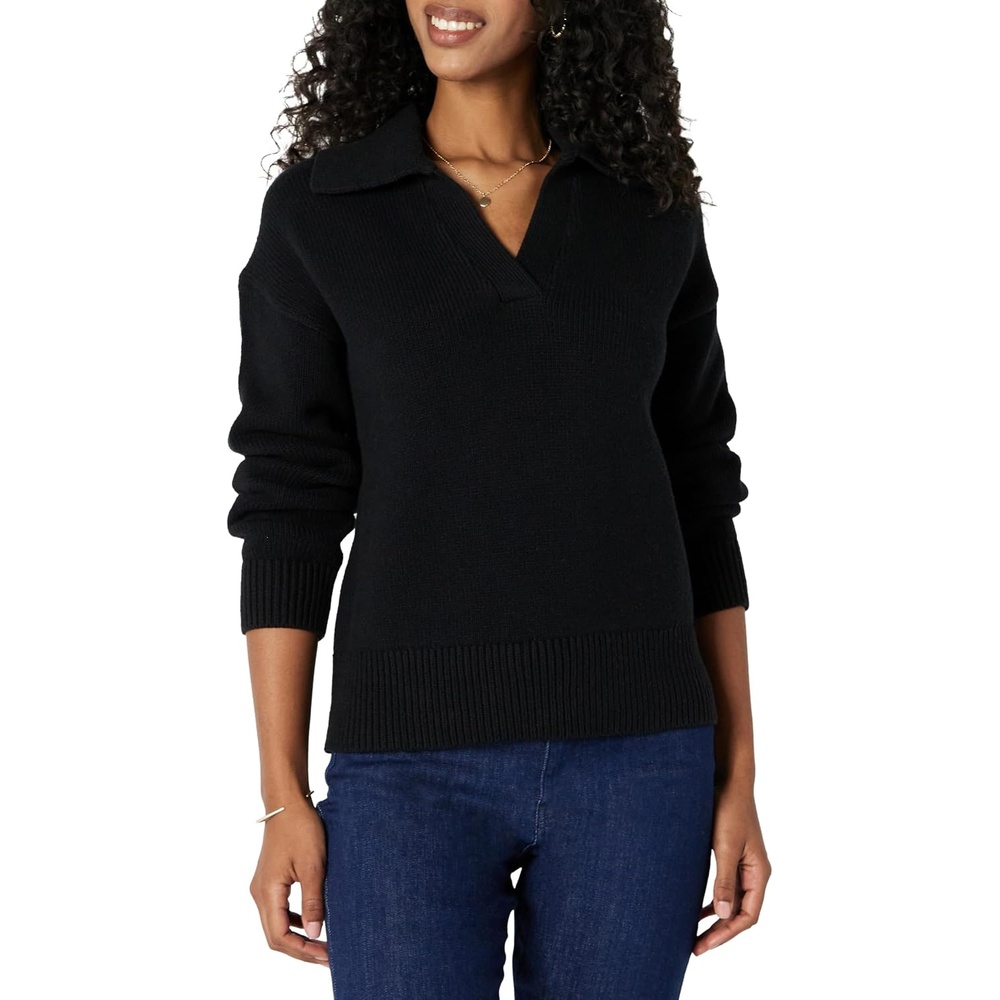 image:imageAmazon Essentials Womens RegularFit Midweight Cotton Polo Pullover Sweater Long Sleeve V Neck CollaredBlack