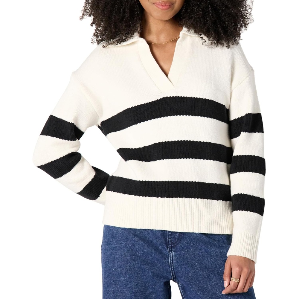 image:imageAmazon Essentials Womens RegularFit Midweight Cotton Polo Pullover Sweater Long Sleeve V Neck CollaredEggshell White Black Big Stripe