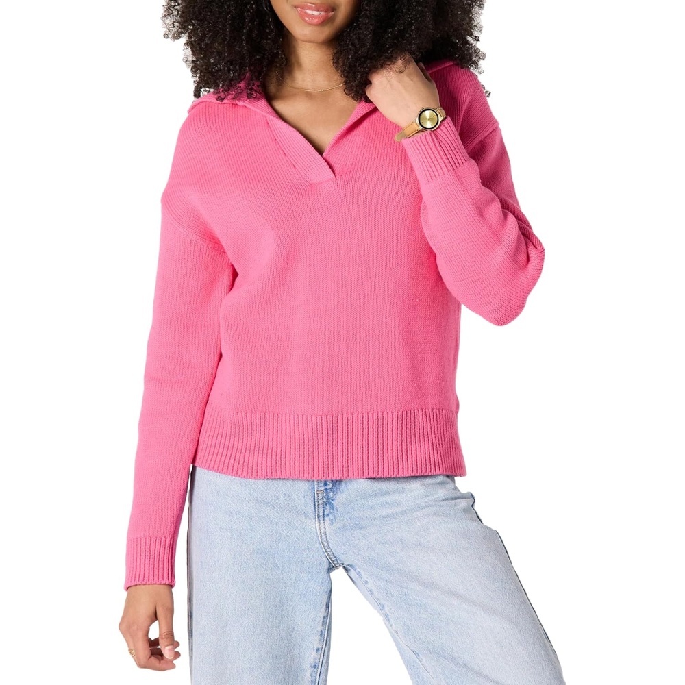 image:imageAmazon Essentials Womens RegularFit Midweight Cotton Polo Pullover Sweater Long Sleeve V Neck CollaredHot Pink