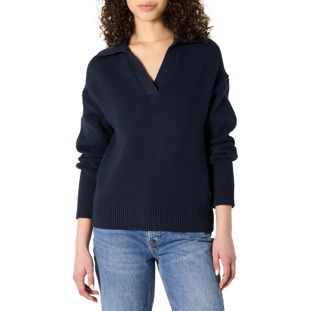 image:imageAmazon Essentials Womens RegularFit Midweight Cotton Polo Pullover Sweater Long Sleeve V Neck CollaredNavy