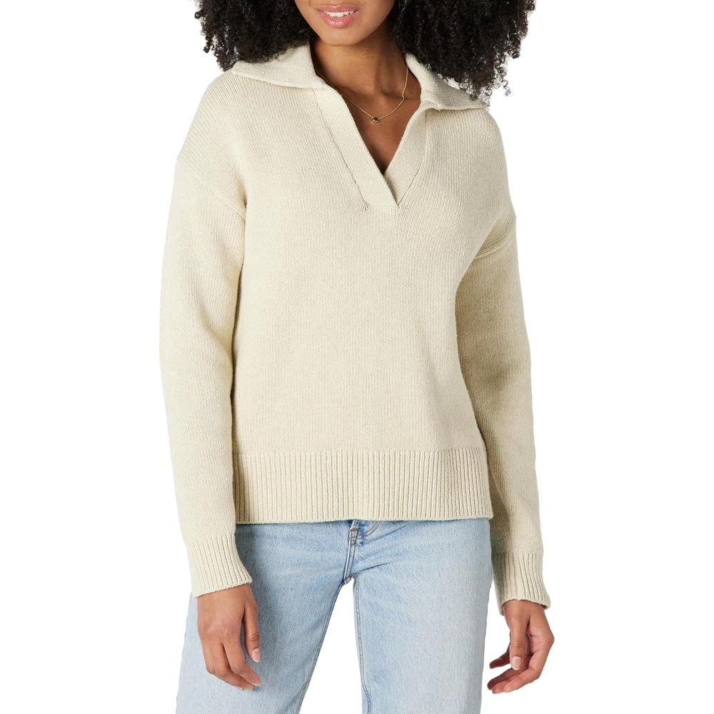 image:imageAmazon Essentials Womens RegularFit Midweight Cotton Polo Pullover Sweater Long Sleeve V Neck CollaredSand Heather