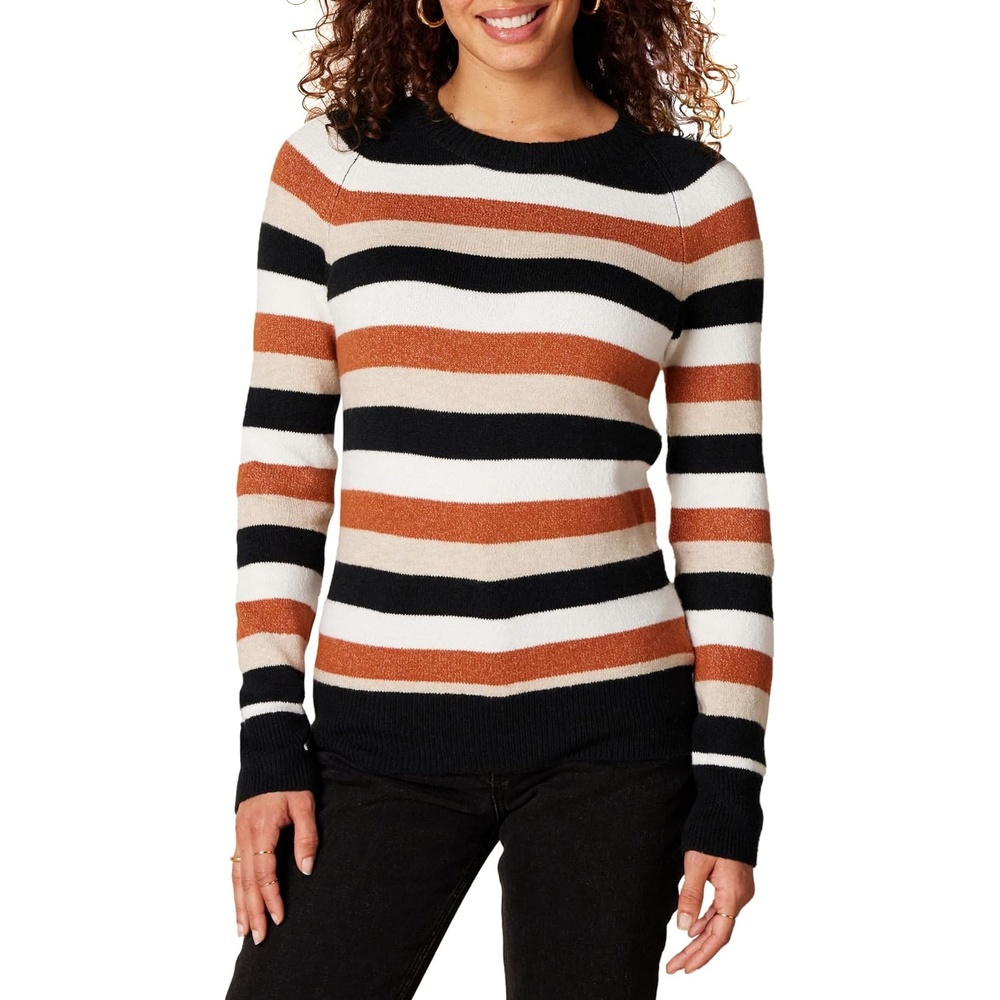 image:imageAmazon Essentials Womens RegularFit Soft Touch Crewneck LongSleeve SweaterBlack Brown Rugby Stripe