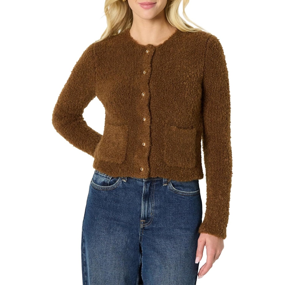 image:imageAmazon Essentials Womens RegularFit Trendy Wool Blend Boucle ButtonDown JacketBrown