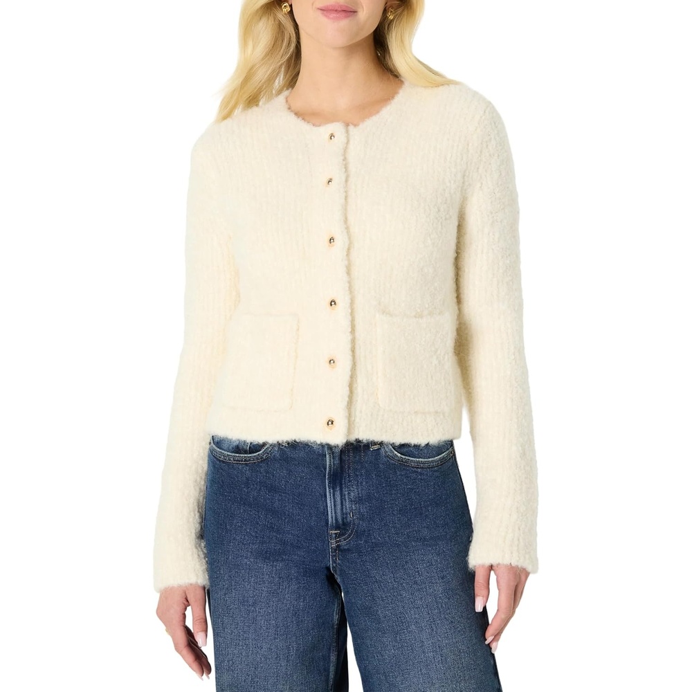 image:imageAmazon Essentials Womens RegularFit Trendy Wool Blend Boucle ButtonDown JacketCream