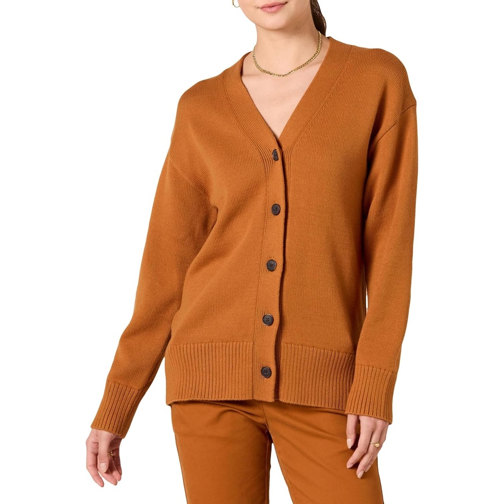 image:imageAmazon Essentials Womens Relaxed Fit Midweight Cardigan SweaterCaramel