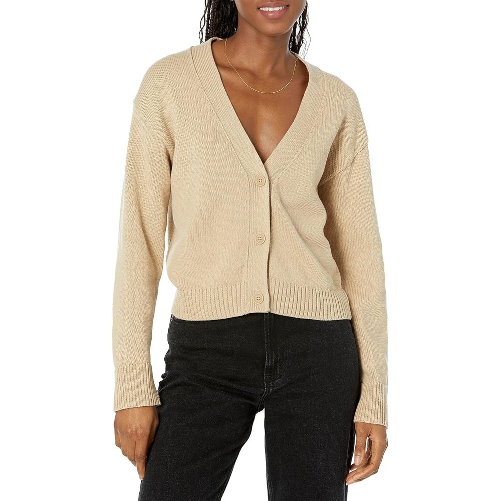 image:imageAmazon Essentials Womens Relaxed Fit Midweight Cardigan SweaterTan