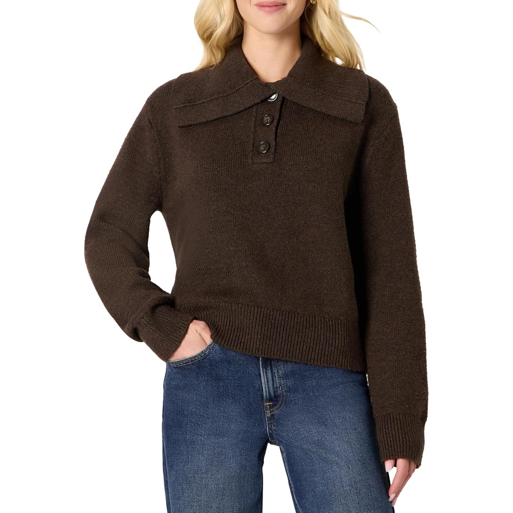 image:imageAmazon Essentials Womens RelaxedFit Button Collar Sweater Ribbed Soft Cotton Blend Dropped ShouldersCharcoal Heather
