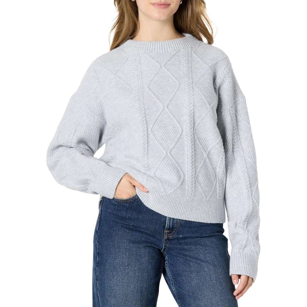 image:imageAmazon Essentials Womens RelaxedFit Cable Crewneck SweaterLight Grey Heather